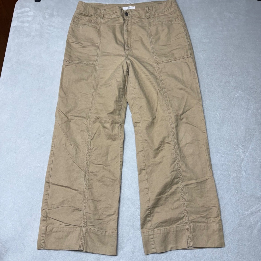 Loft Womens Tan Khaki Wide Leg Utility Seam Front Pants Sz 14 High Rise Trouser - Picture 3 of 7